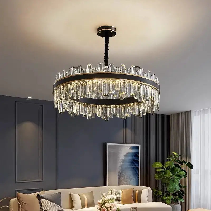 A modern black luxury crystal chandelier with clear glass prisms and black metal frame for dining room decorbites light luxury