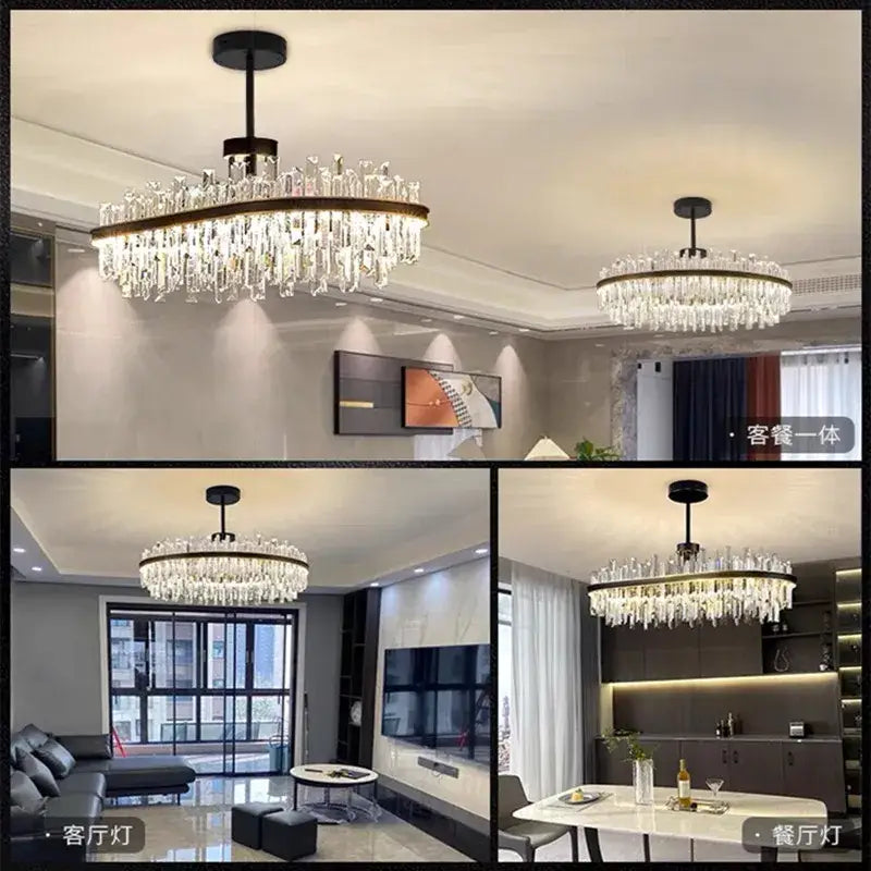 Modern black luxury crystal chandelier with sleek metal frame and cascading prisms for elegant dining decorbites light luxury