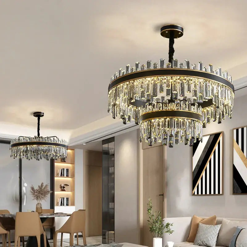 Modern black luxury crystal chandelier with two-tier black metal frame and warm light luxury crystal rods for dining room decorbites light luxury