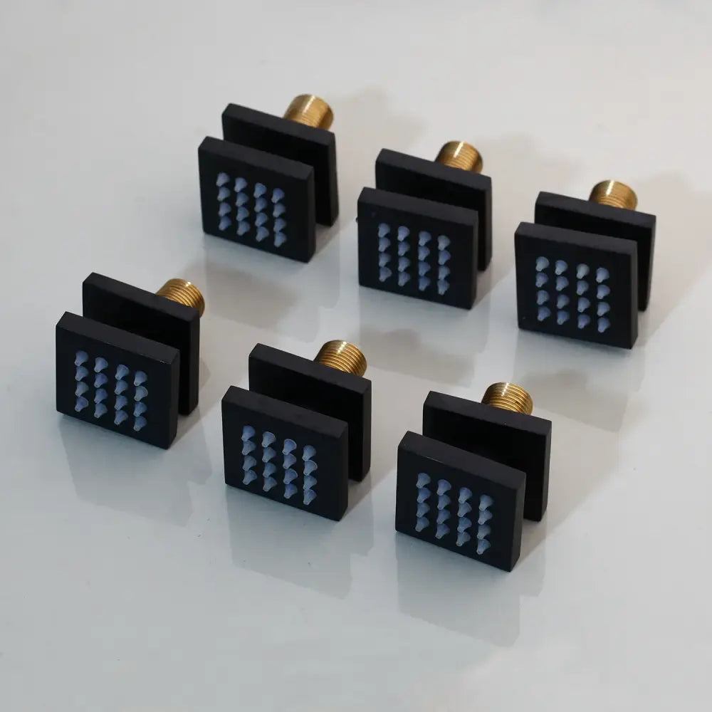 Modern black massage shower faucet with black square fixtures gold threaded bases and light blue triangular nozzles