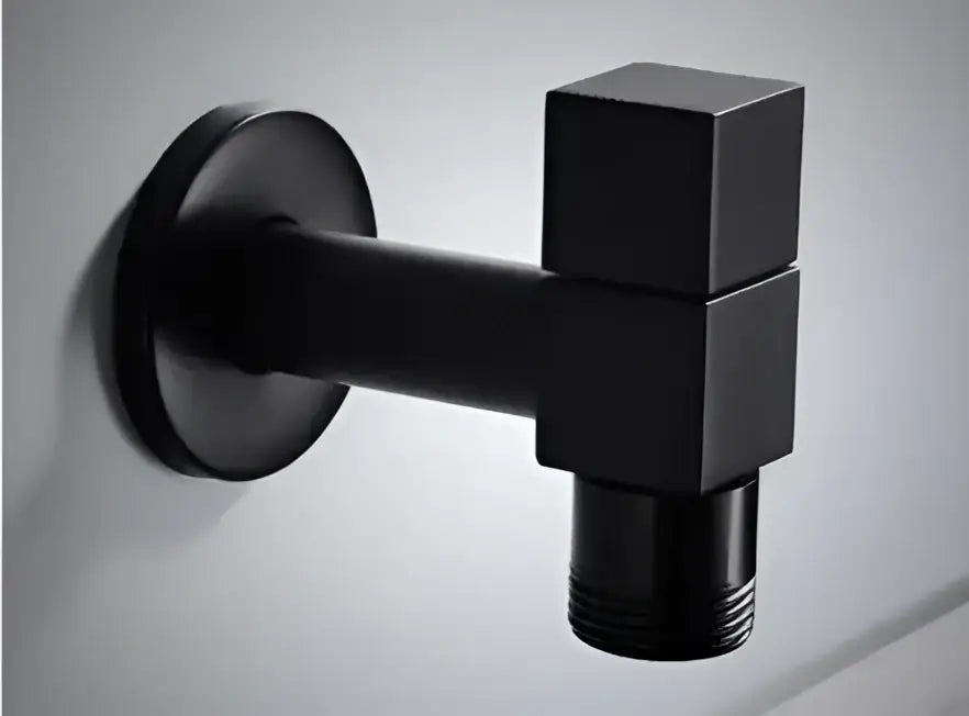 Modern black matte bathroom corner faucet with hose connector and geometric design ideal for copper bathroom corner decorbites