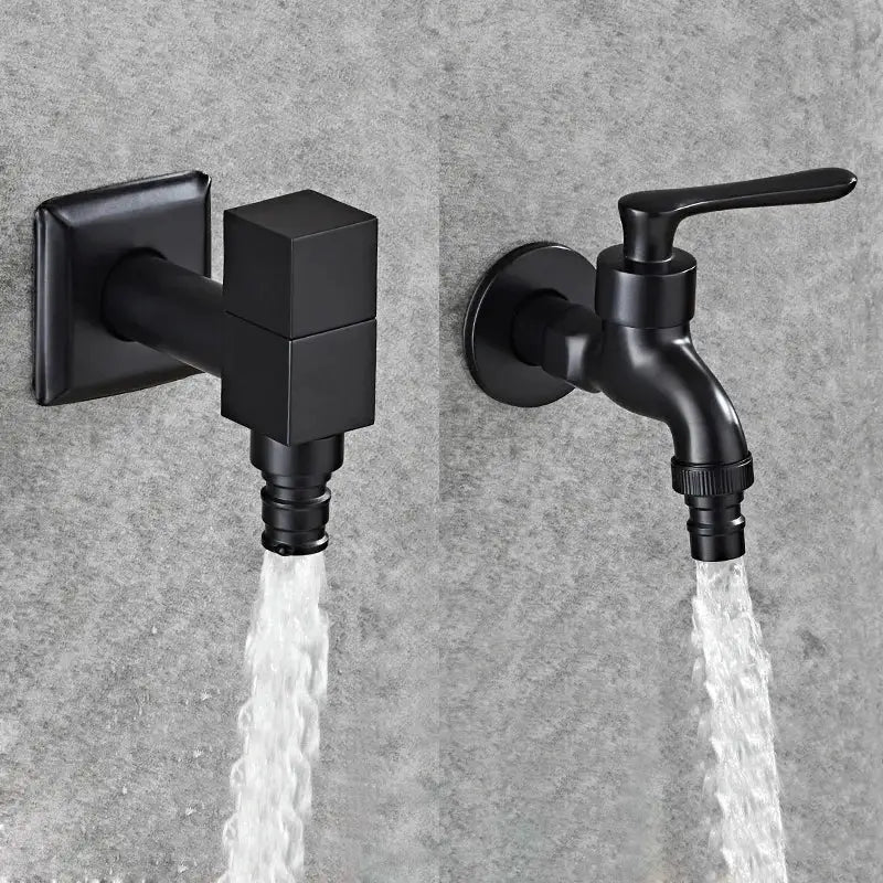 Modern black matte bathroom corner faucet with integrated hose connector featuring copper bathroom corner design