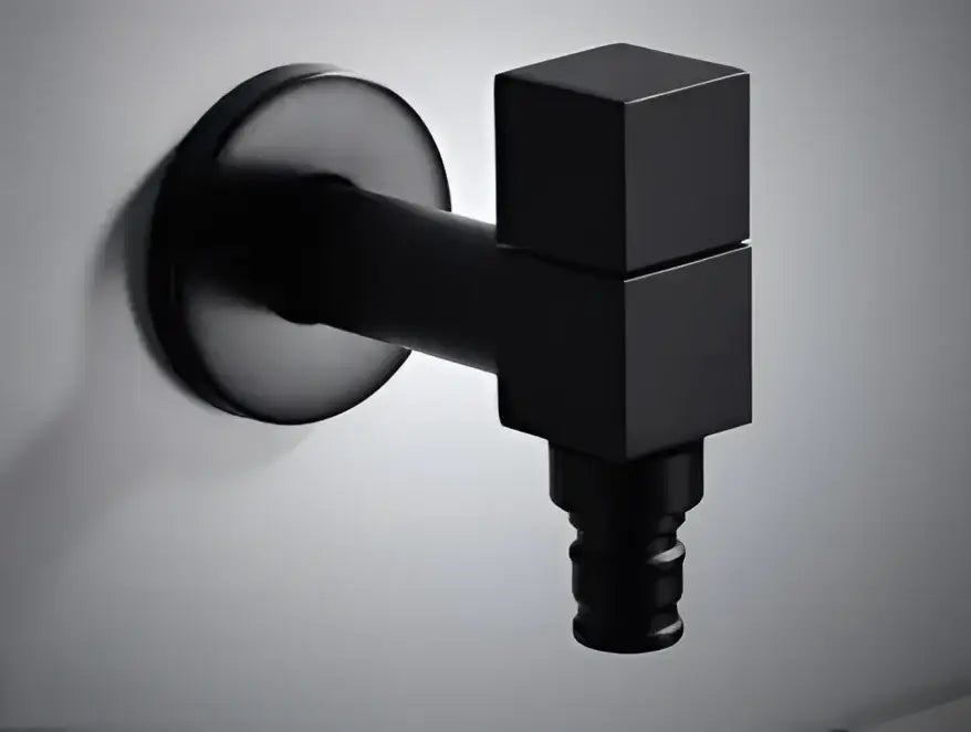 Modern black matte bathroom corner faucet with geometric cube design and wall-mounted base for copper bathroom corner use