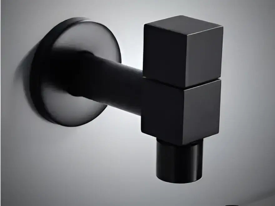 Modern black matte bathroom corner faucet with hose connector featuring a geometric design for bathroom corner faucet decorbites copper bathroom