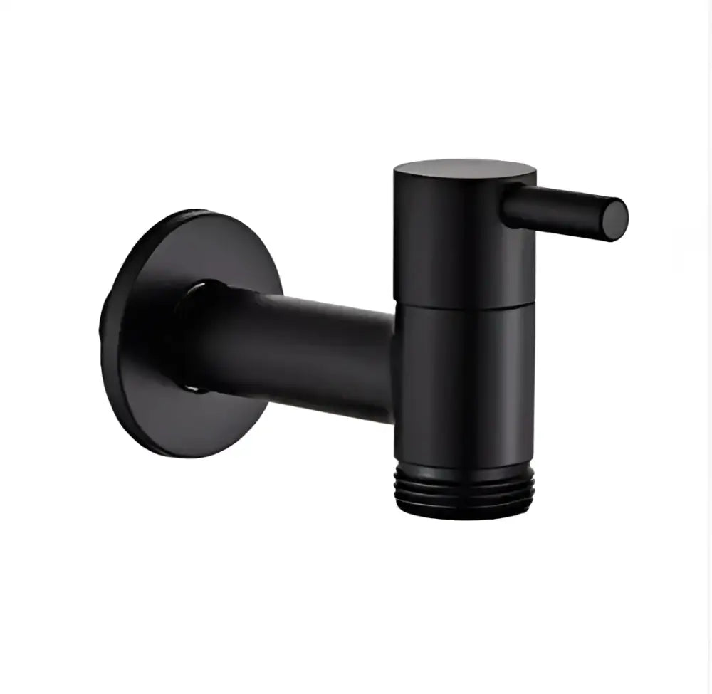 Modern black matte bathroom corner faucet with hose connector featuring a wall-mounted bathroom corner faucet