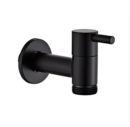 Modern black matte bathroom corner faucet with hose connector featuring a wall-mounted bathroom corner faucet