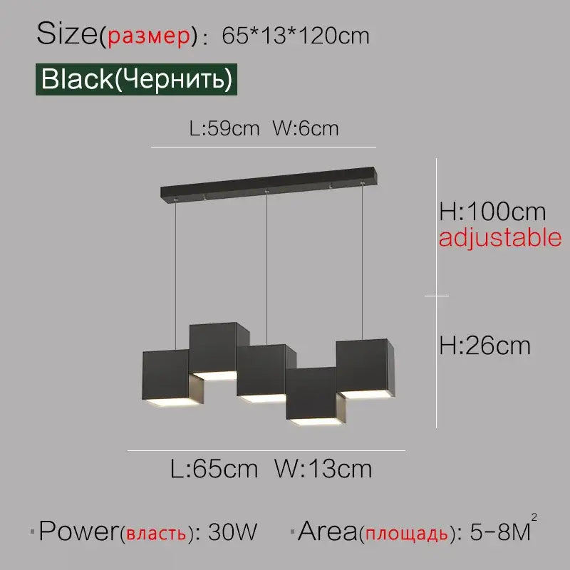 Modern black matte pendant lights with adjustable height and illuminated cube shades for geometric dining room decorbites