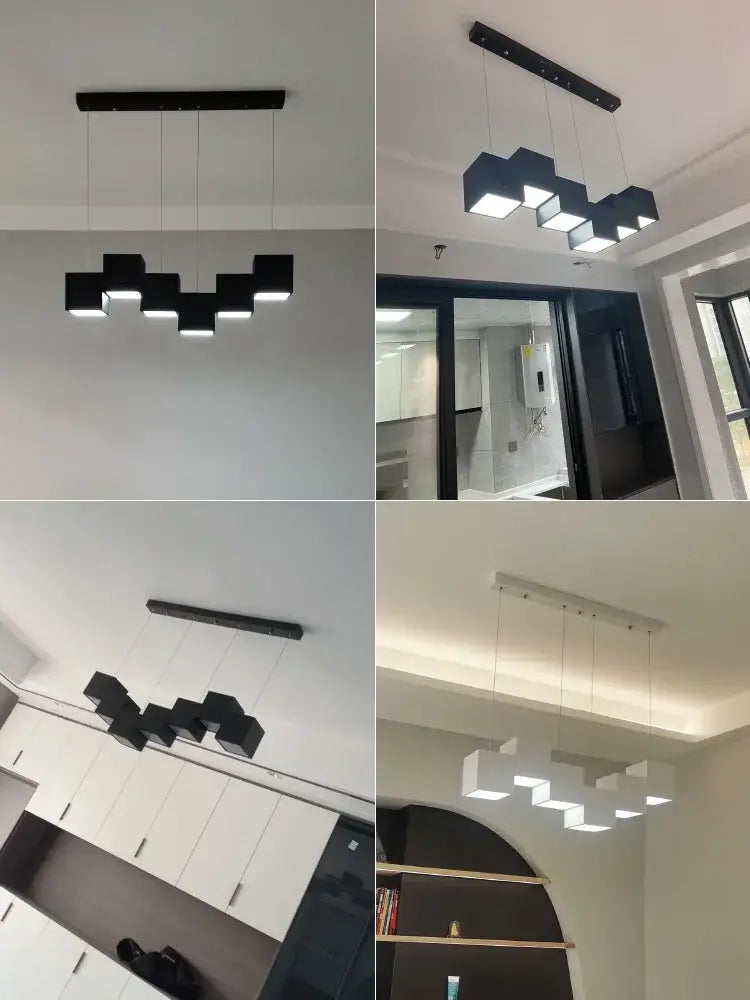 Modern black matte cube pendant lights with geometric design suspended from sleek bars for decorbites geometric dining room