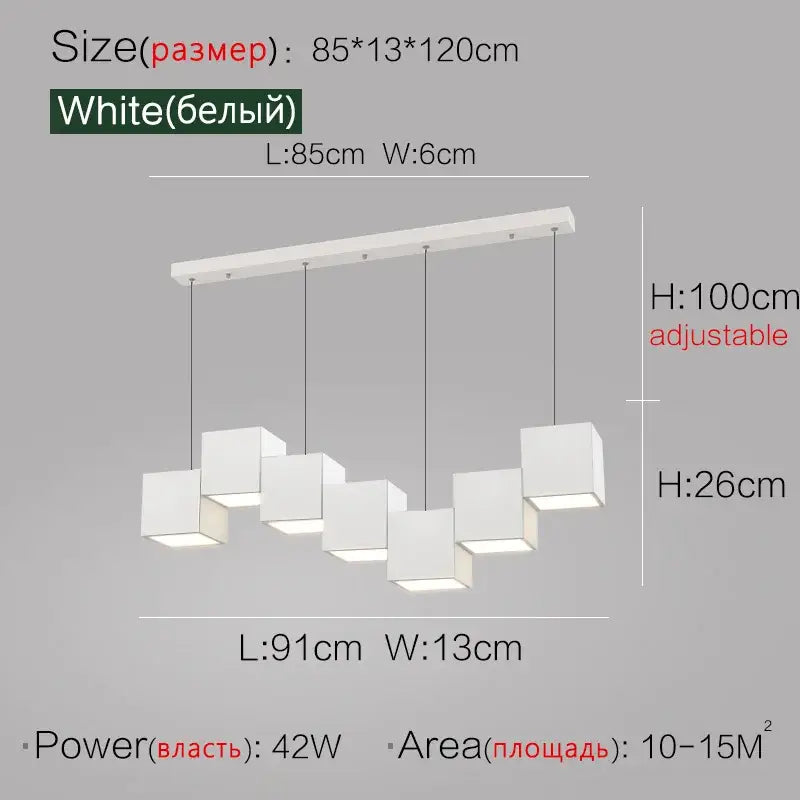 White modern pendant lights with six illuminated cube bulbs and sleek rectangular bar for decorbites geometric dining room
