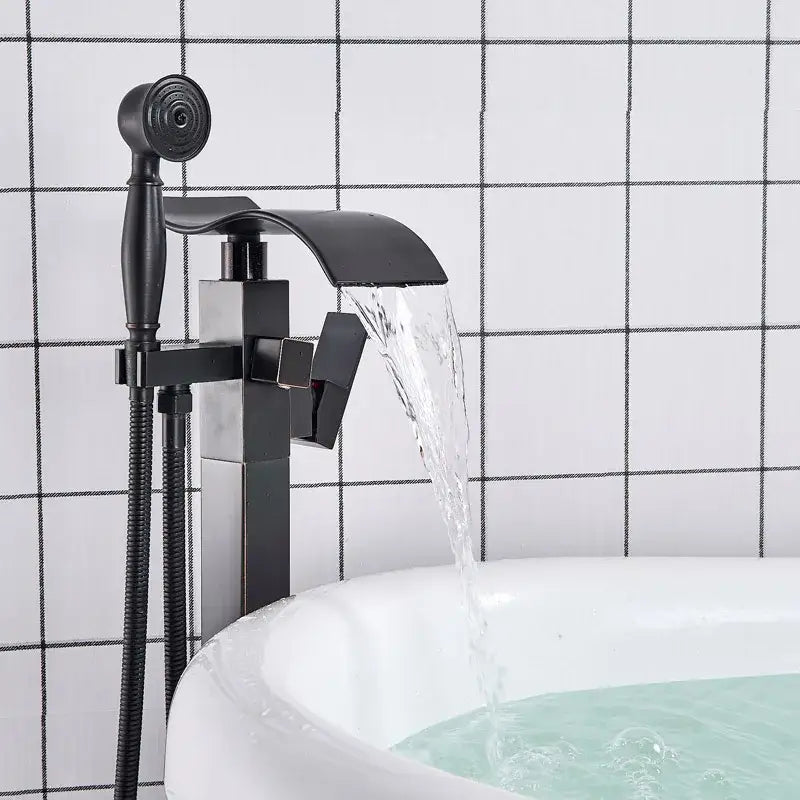 Modern black matte waterfall bathtub mixer faucet with integrated handheld showerhead for versatile bathroom use
