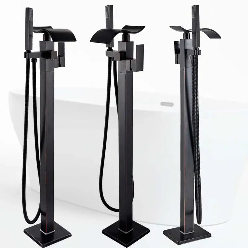 Three sleek black matte freestanding bathtub mixer faucets with modern angular design and integrated handheld showerheads