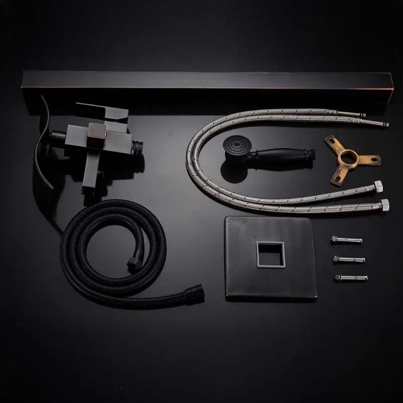 Modern black matte waterfall bathtub mixer faucet set with handheld shower and sleek geometric design with matching hose