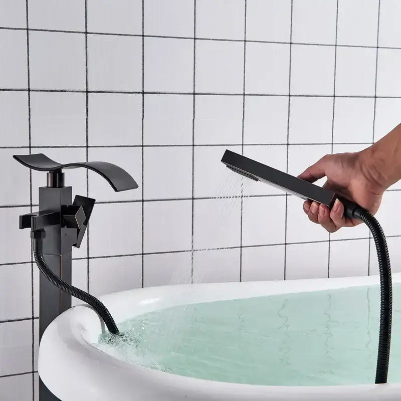 Modern black matte waterfall bathtub mixer faucet with sleek design and matching handheld showerhead for bathtub use