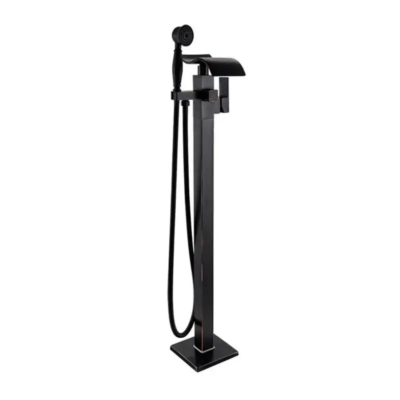 Modern black matte waterfall bathtub mixer faucet with sleek design and integrated handheld showerhead for freestanding tubs