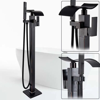 Modern black matte waterfall bathtub mixer faucet with handheld showerhead and angular design for bath use