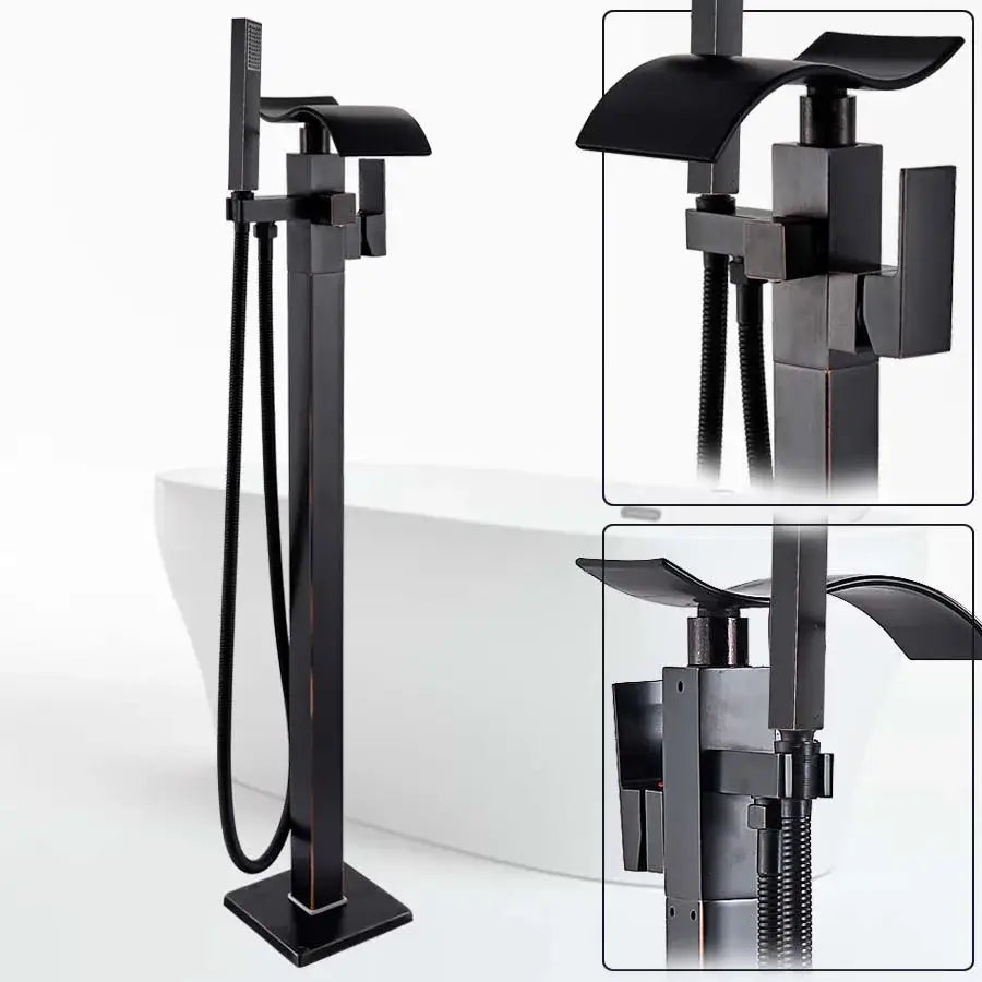 Modern black matte waterfall bathtub mixer faucet with handheld showerhead and angular design for bath use