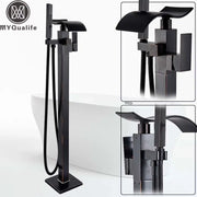 Modern black matte waterfall bathtub mixer faucet with sleek design and integrated handheld showerhead for bath use
