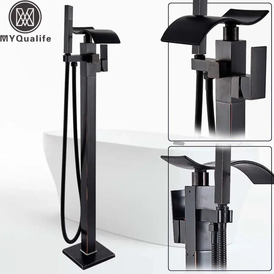 Modern black matte waterfall bathtub mixer faucet with sleek design and integrated handheld showerhead for bath use
