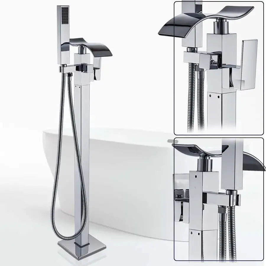 Modern black matte waterfall freestanding bathtub mixer faucet with chrome-finished handheld showerhead and angular design