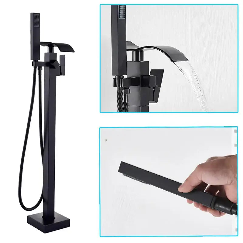 Modern black matte waterfall bathtub mixer faucet with handheld showerhead and waterfall spout for bathtub use