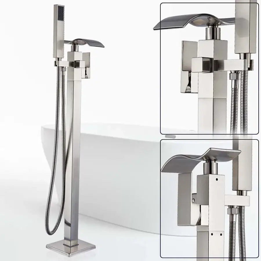 Modern brushed nickel bathtub mixer faucet with sleek geometric design and integrated handheld showerhead for bath use