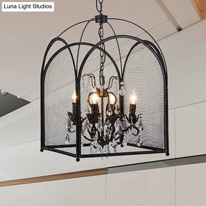 Lámpara de araña moderna con jaula de malla negra y detalles de cristal - Kit de luz colgante de 4 luces para sala de estar