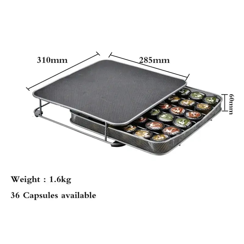 Modern black mesh decorbites capsule holder with 36 slots for k-cups, featuring a flat top coffee pod organizer