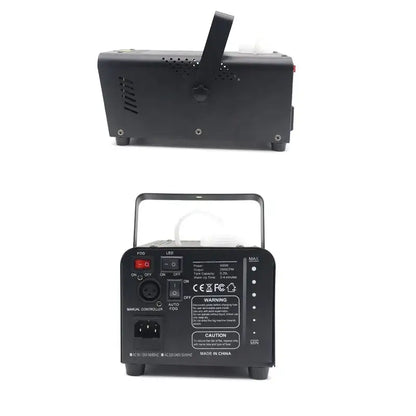 Modern black metal 500w smoke machine with handle control panel buttons switches and ac power input for party use