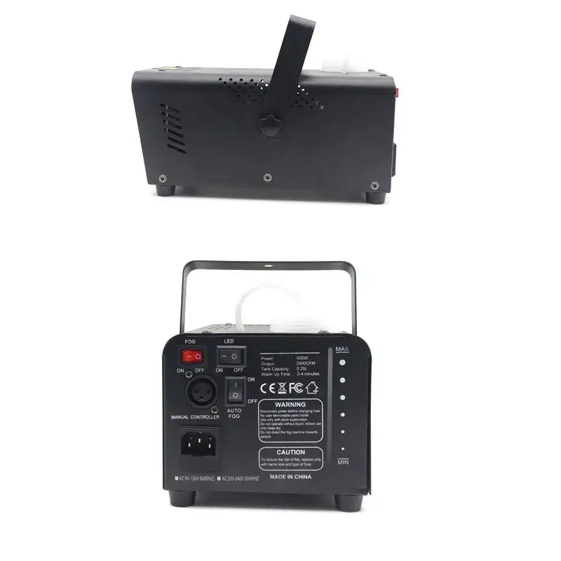 Modern black metal 500w smoke machine with handle control panel buttons switches and ac power input for party use