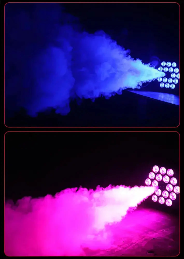 Modern black metal 500w smoke machine with rgb led party lights emitting vibrant blue and pink colored smoke