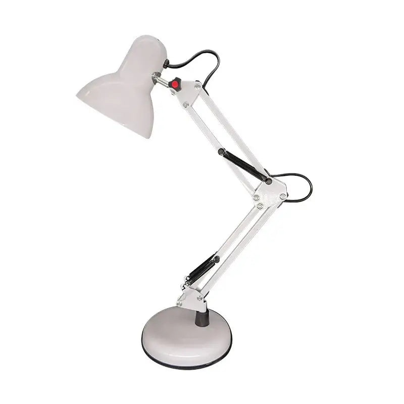 White adjustable swing arm desk lamp with matte finish metal design for bedroom and office use