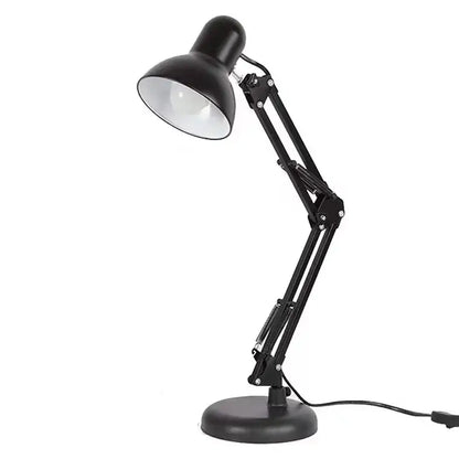 Modern black metal desk lamp with adjustable swing arm and circular base for bedroom and office use