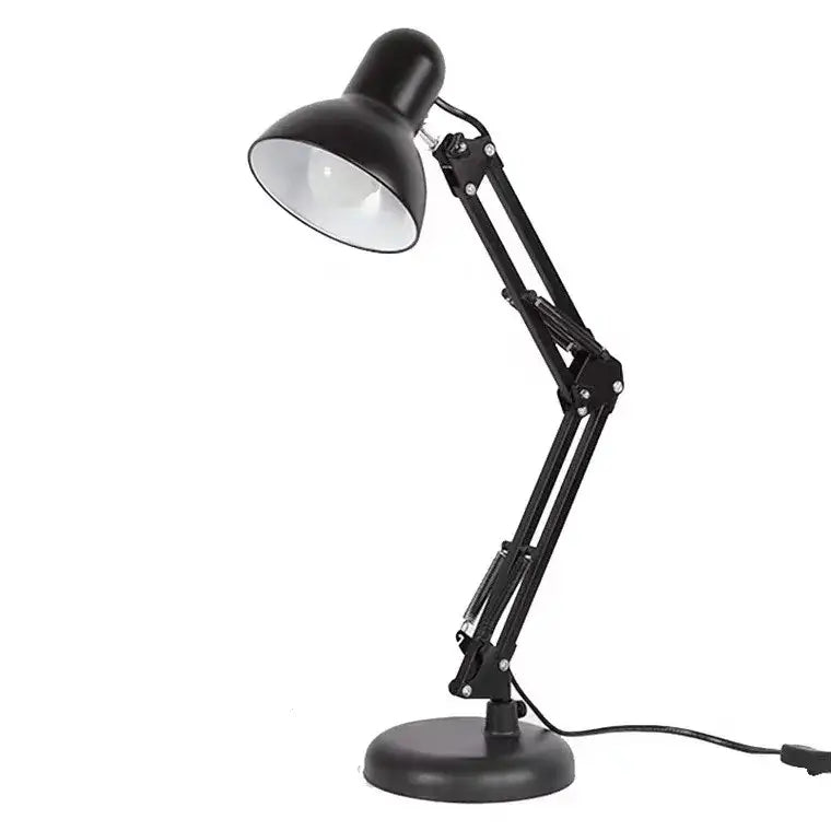 Modern black metal desk lamp with adjustable swing arm and circular base for bedroom and office use