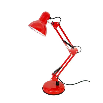 Red metal desk lamp with adjustable swing arm and circular base for modern bedroom or office use
