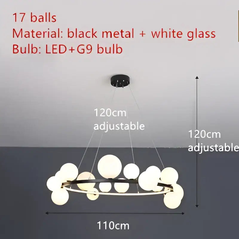 Modern black metal clear glass led chandelier with 17 spherical white glass bulbs for dining room decorbites clear glass