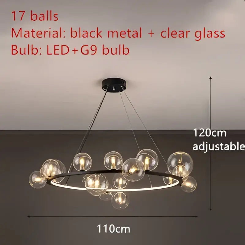 Modern black metal clear glass led chandelier with 17 globe bulbs for dining room lighting decorbites clear glass design