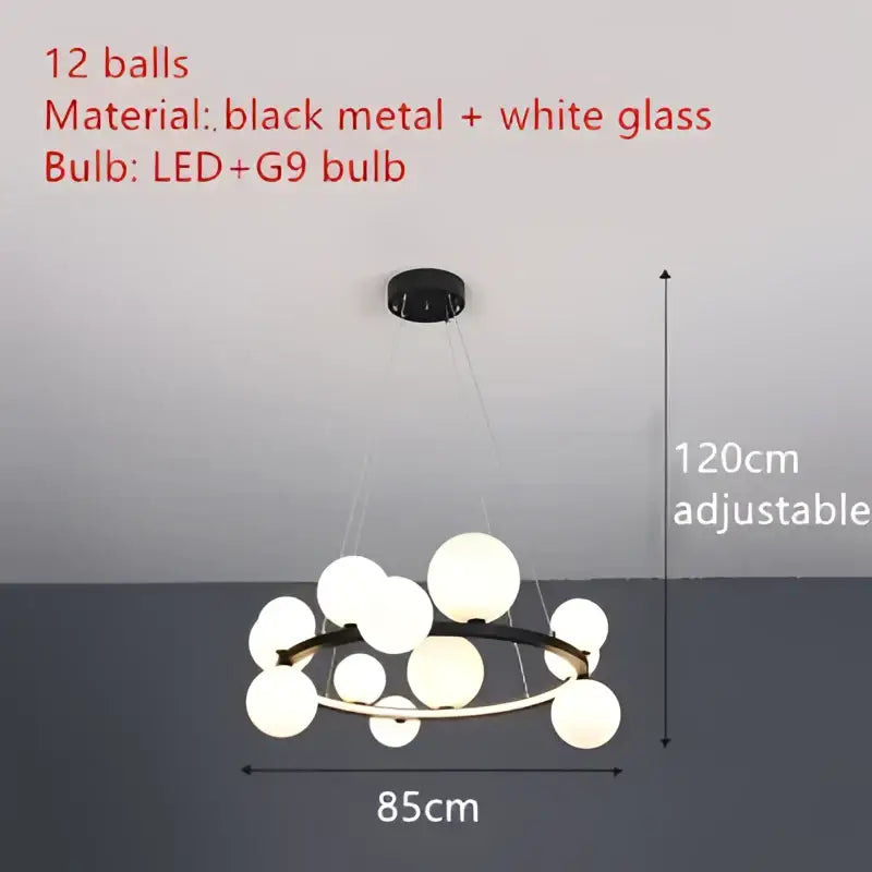 Modern black metal clear glass led chandelier with twelve frosted white spheres for dining room decorbites clear glass lighting