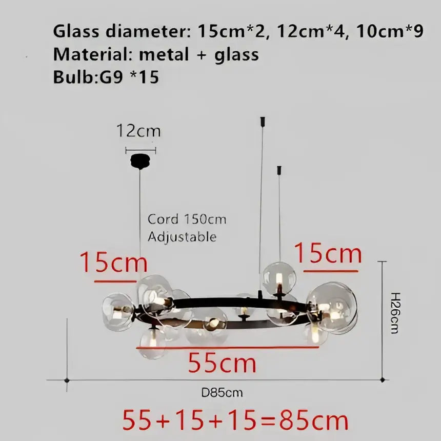 Modern black metal clear glass LED chandelier with multiple globe shades and adjustable 150cm cord for dining room decorbites clear glass