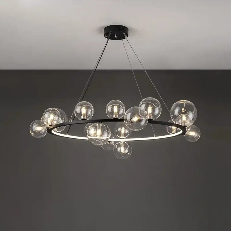 Modern black metal clear glass led chandelier with globe bulbs arranged in a circular pattern for dining room decorbites clear glass