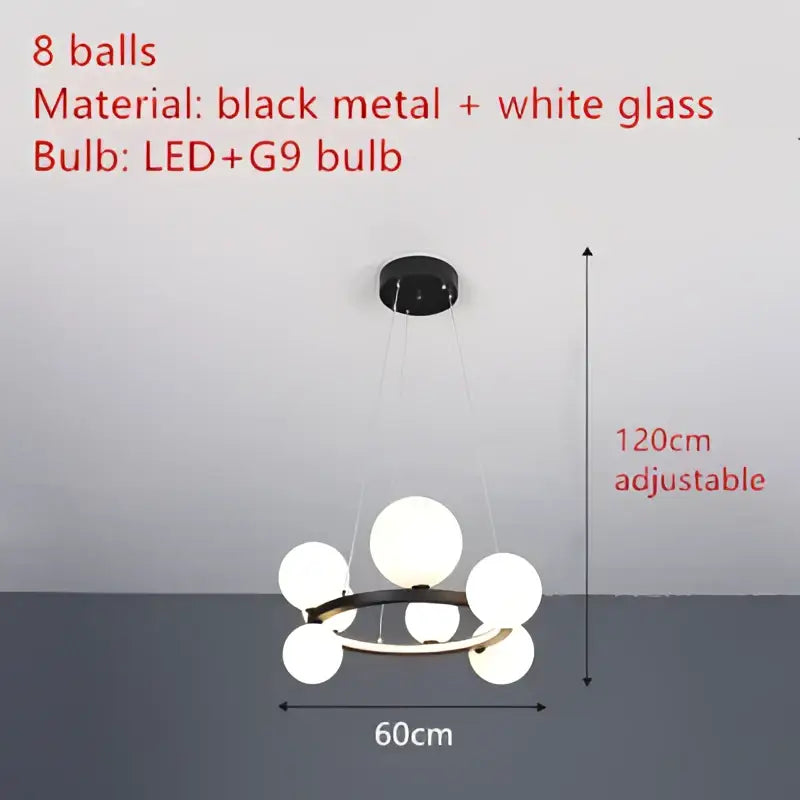 Modern black metal chandelier with eight white clear glass led globe bulbs ideal for dining room decorbites clear glass