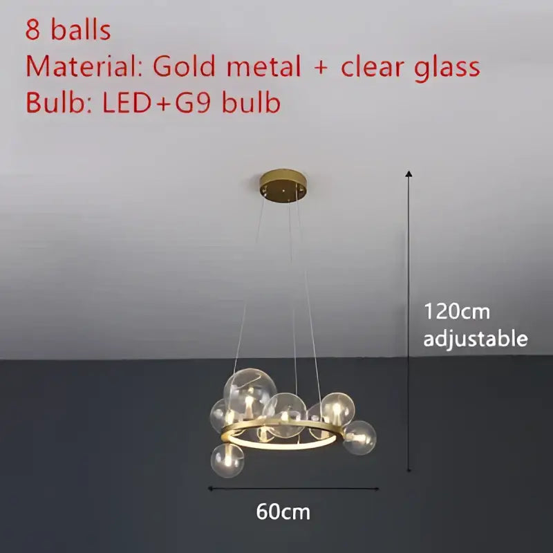 Modern gold metal chandelier with eight clear glass spheres from decorbites clear glass led dining room light
