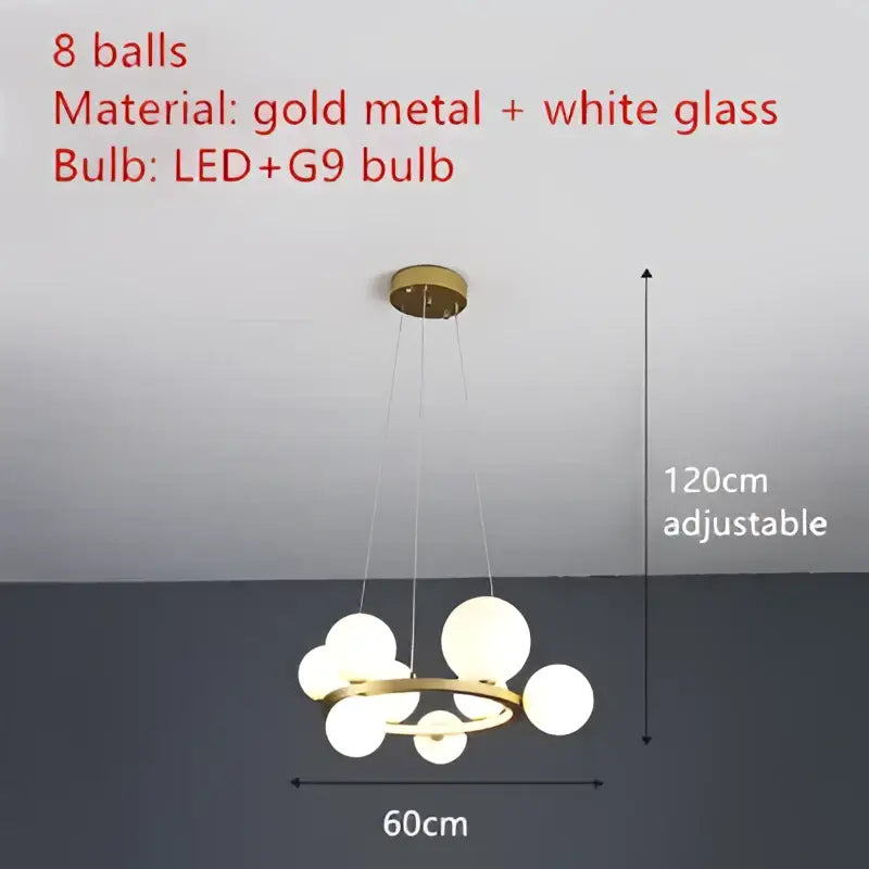 Modern gold metal chandelier with eight white clear glass spheres for dining room decorbites clear glass led lighting