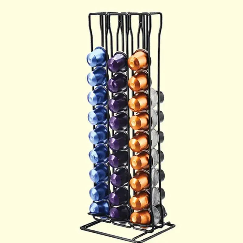Modern black metal capsule holder stand with vertical slots holding colorful coffee pods for kitchen storage