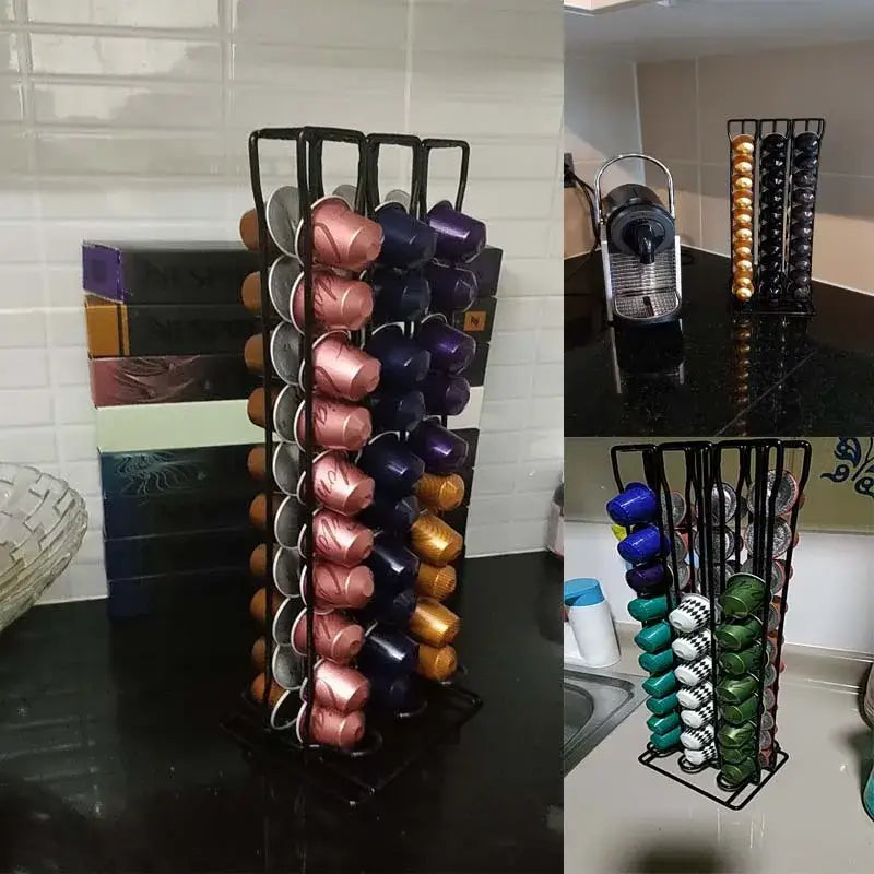 Modern black metal capsule holder stand organized with colorful nespresso pods for kitchen storage