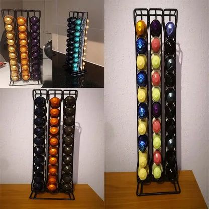 Modern black metal capsule holder stand holding colorful coffee pods for kitchen storage and organization