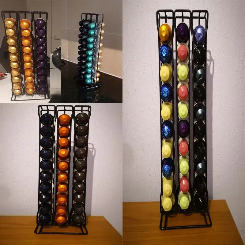 Modern black metal capsule holder stand holding colorful coffee pods for kitchen storage and organization