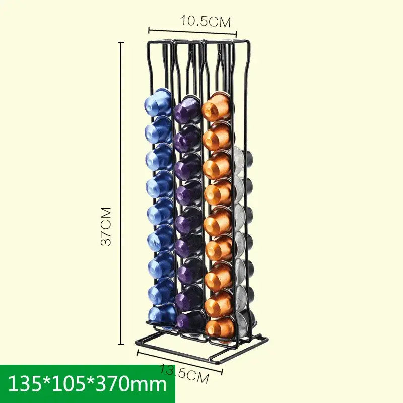 Modern black metal capsule holder stand organizing blue purple gold and silver coffee capsules for kitchen storage