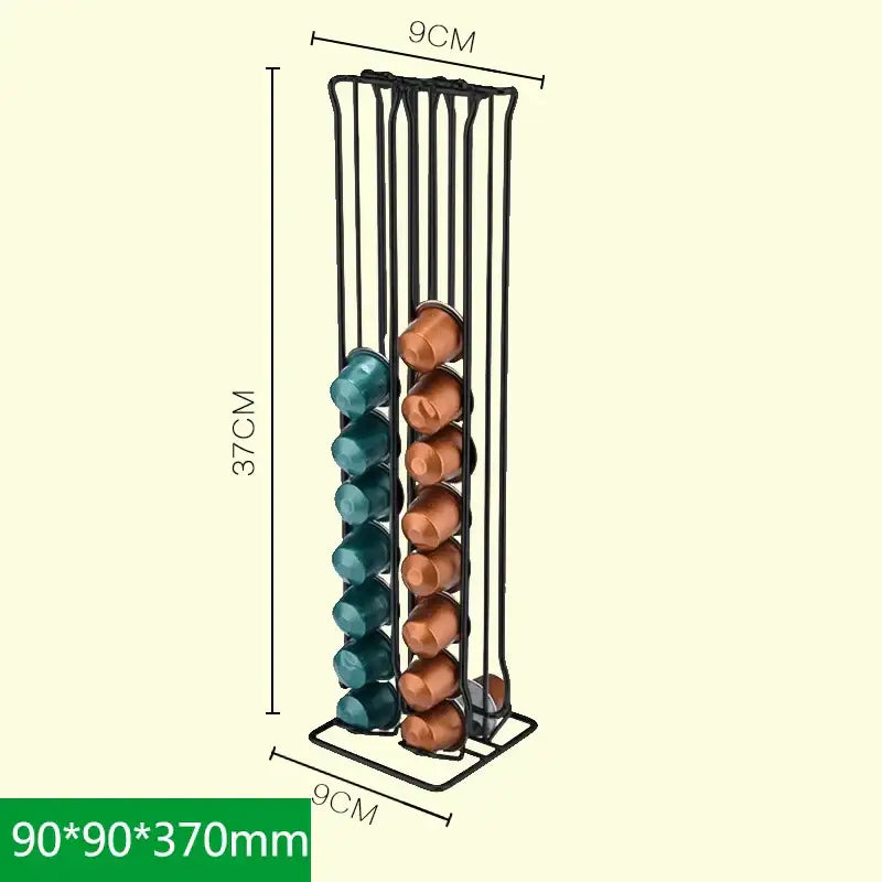 Modern black metal wire capsule holder stand holding teal and copper coffee capsules for kitchen storage