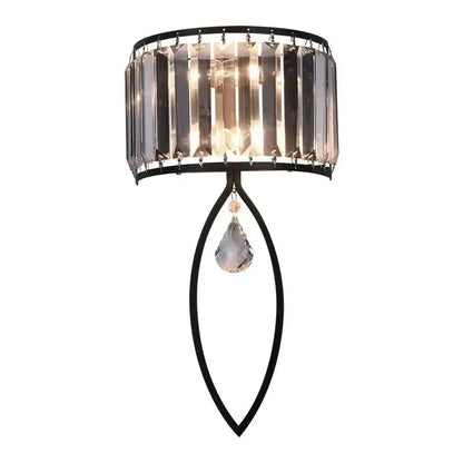 Modern black metal led wall lamp with cylindrical crystal shade and teardrop pendant for living room lighting