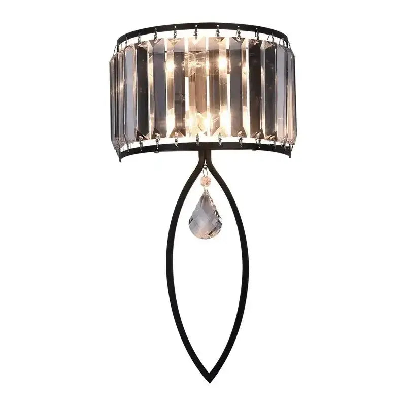 Modern black metal led wall lamp with cylindrical crystal shade and teardrop pendant for living room lighting